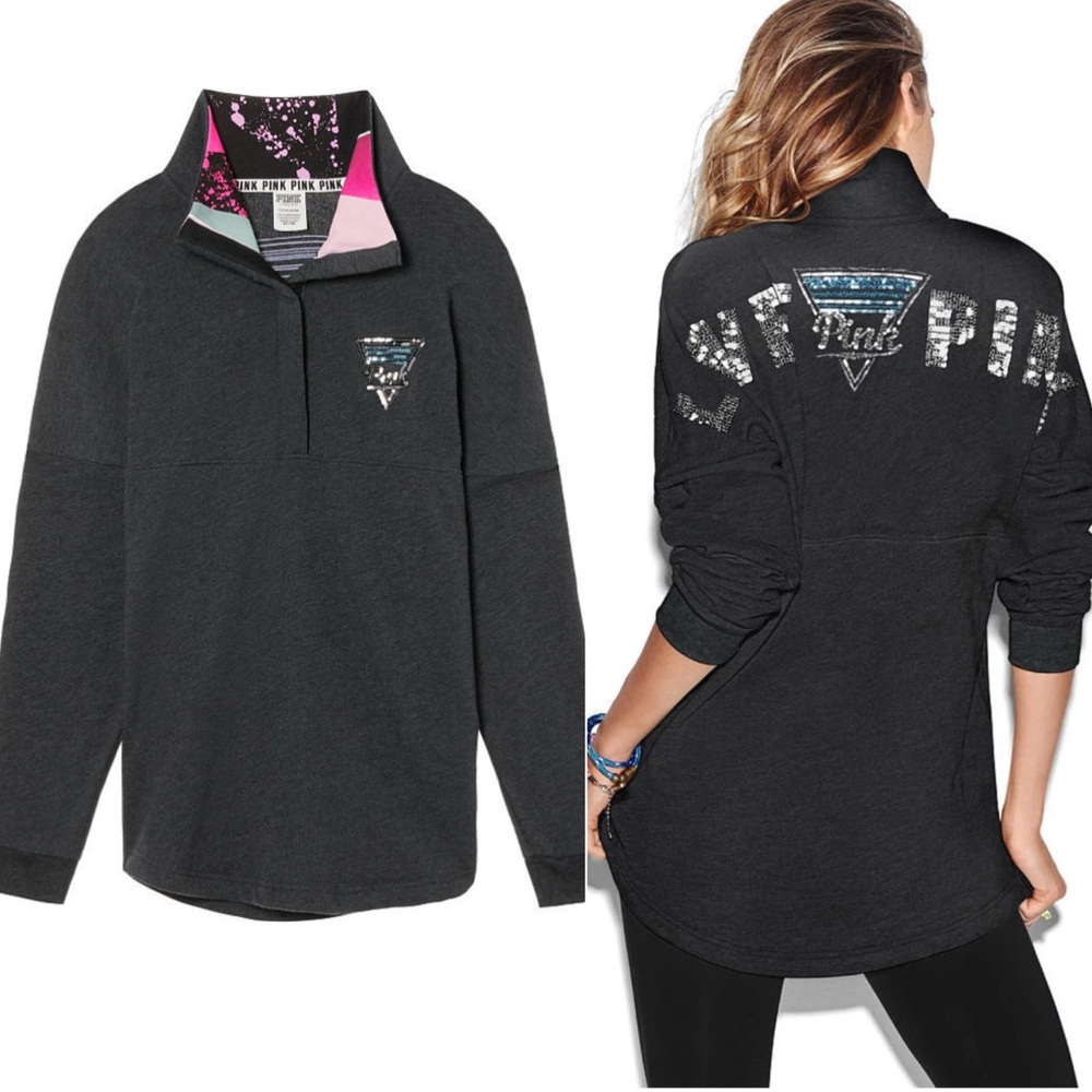 Victoria’s Secret PINK Bling Quarter Snap Gray & Pink Varsity Crew Sweatshirt XS
